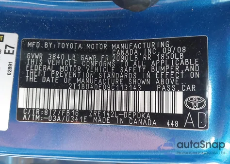 2009 Toyota Corolla Le из США, поврежденный, VIN 2T1BU40E09C113143